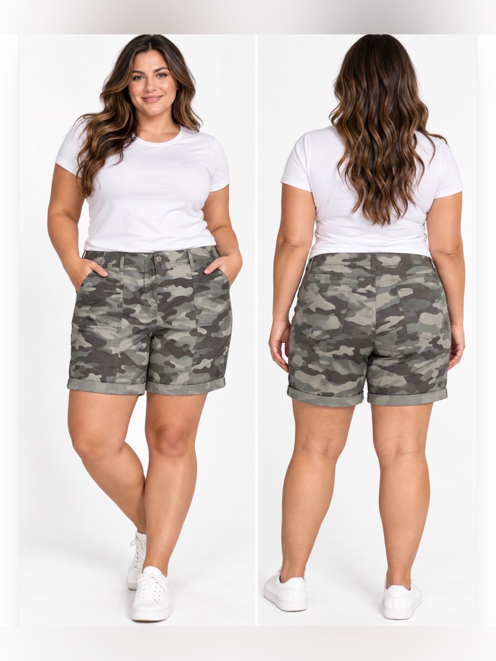 Chico's Camo Roll-Cuff Shorts in Olive & Gray Size 12 NWT Granola Outdoorsy